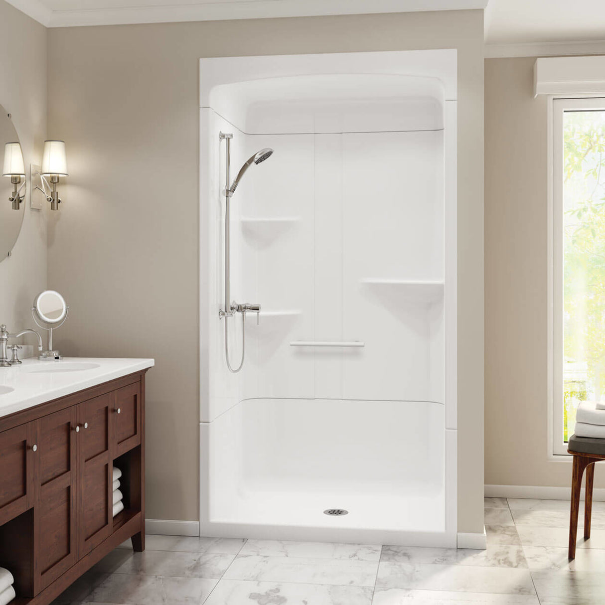 Camelia SHR-4834 Acrylic Alcove Center Drain Three-Piece Shower in White