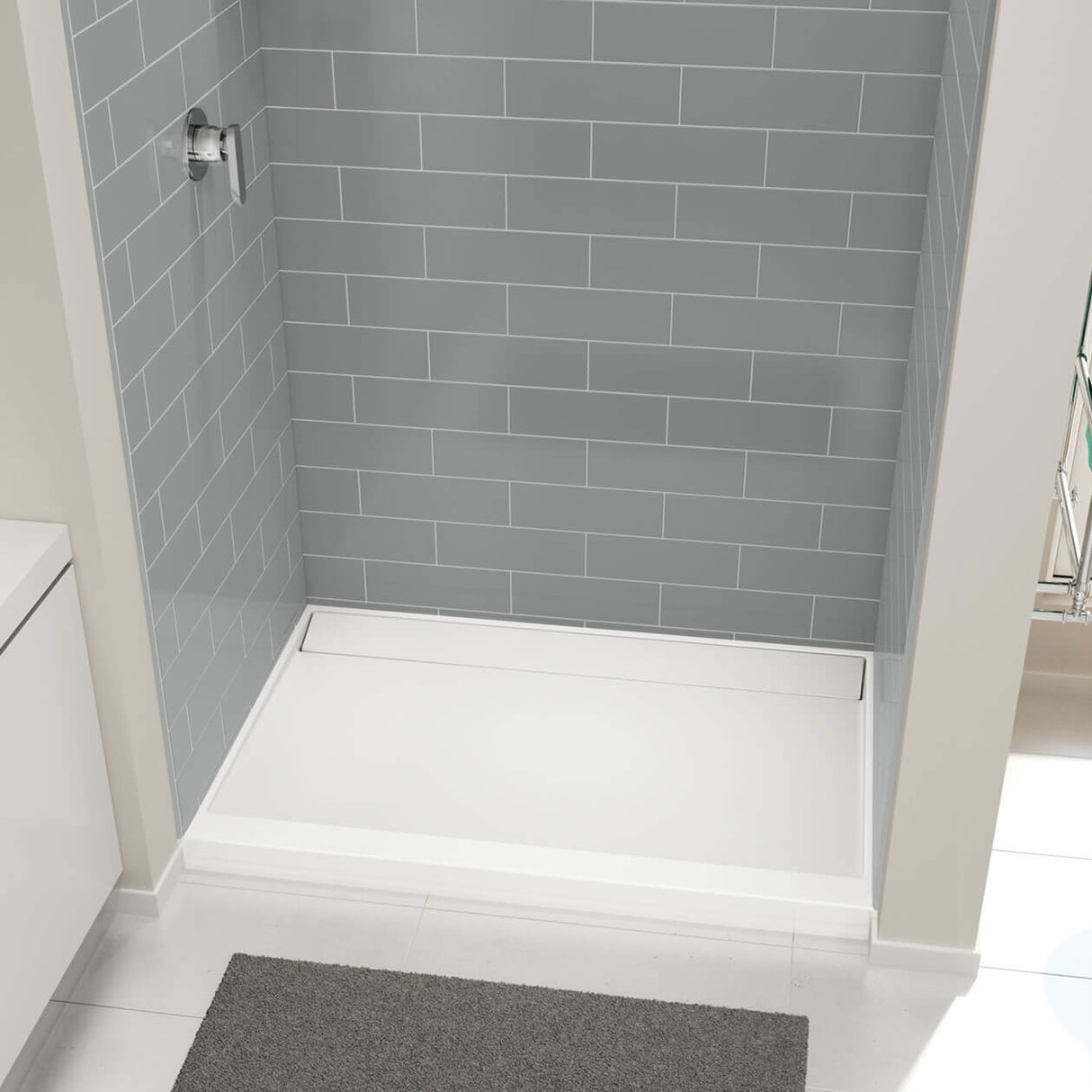 Distinct 48 48 x 32 Acrylic Alcove or Corner Shower Base with Back Center Drain in White