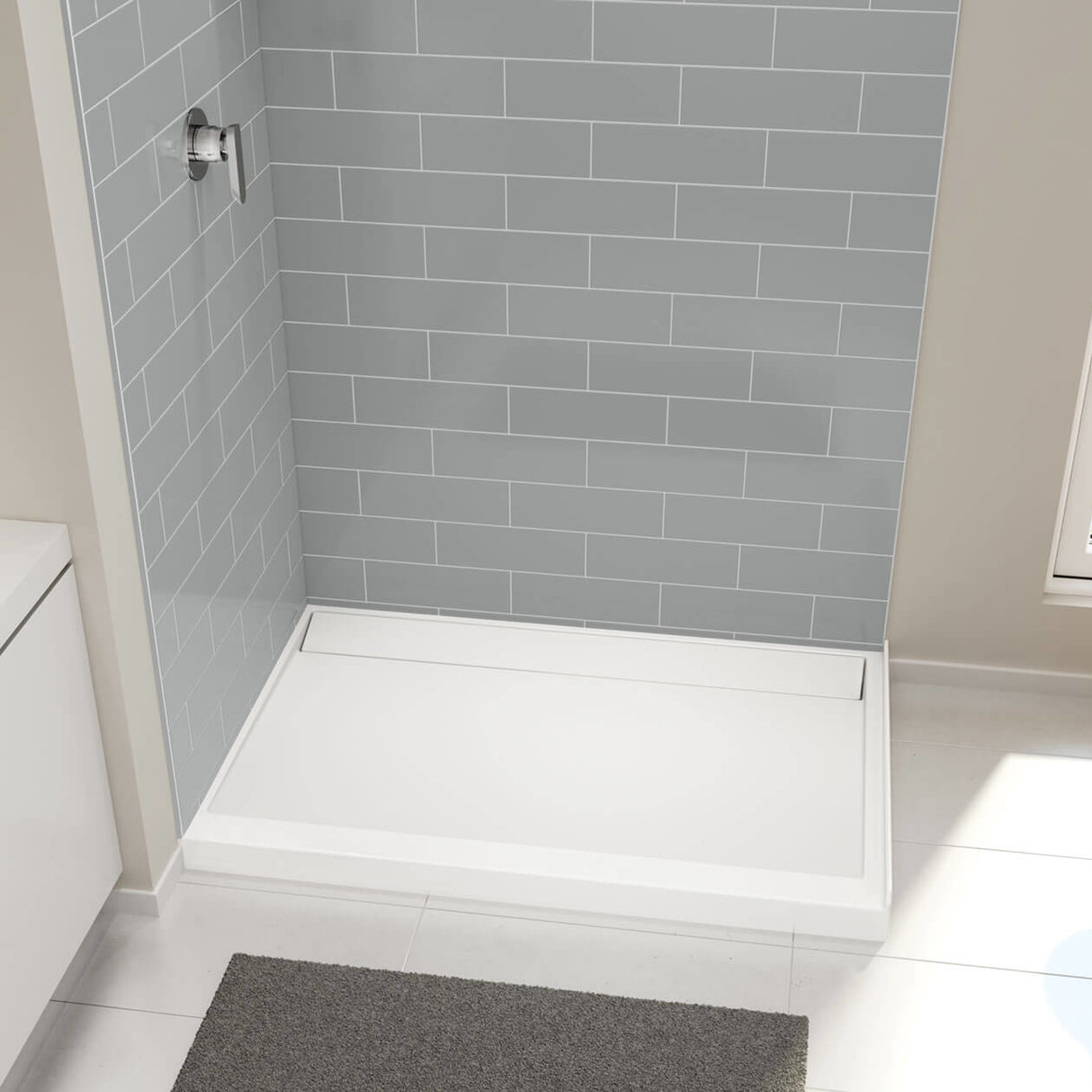 Distinct 48 48 x 32 Acrylic Alcove or Corner Shower Base with Back Center Drain in White
