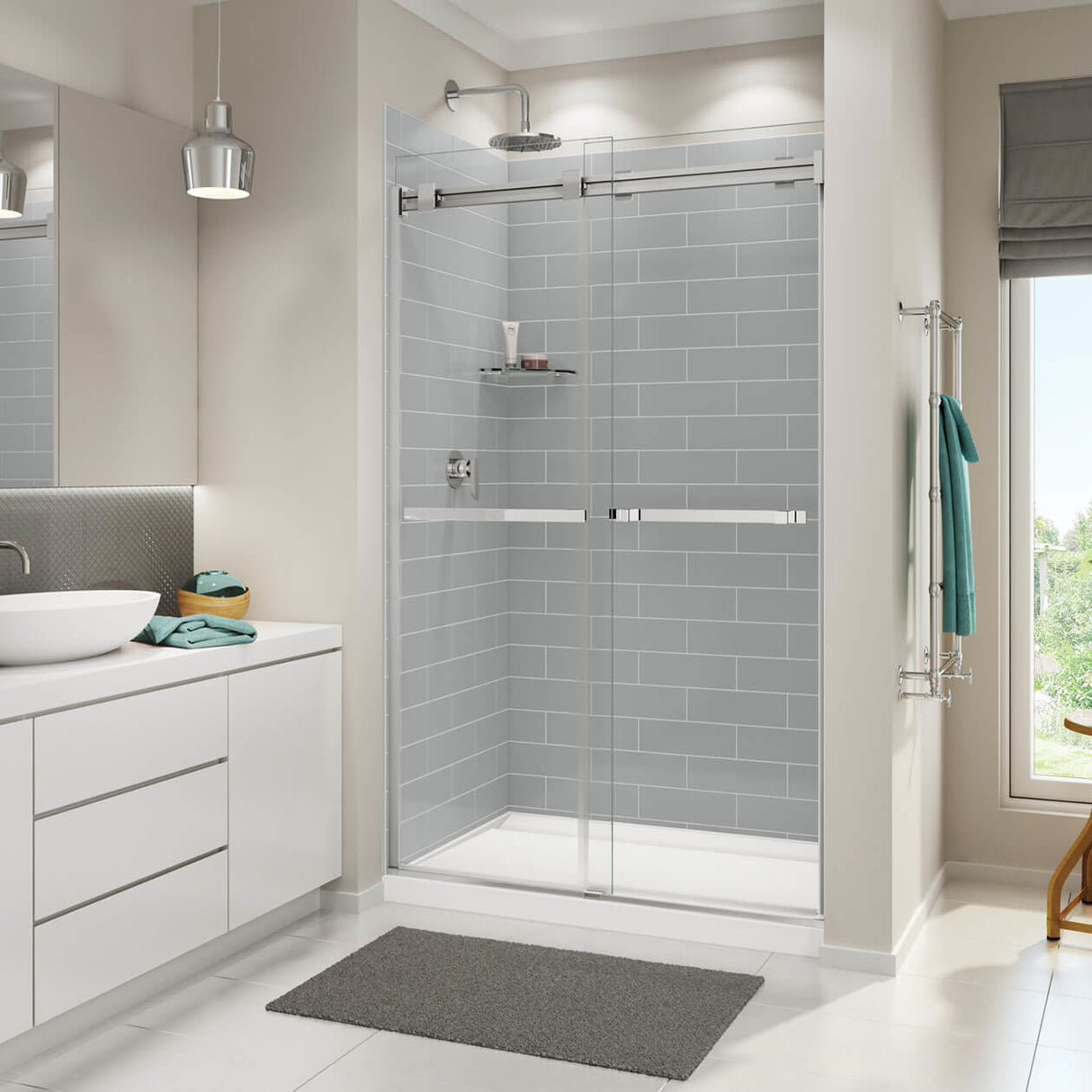 Distinct 48 48 x 32 Acrylic Alcove or Corner Shower Base with Back Center Drain in White