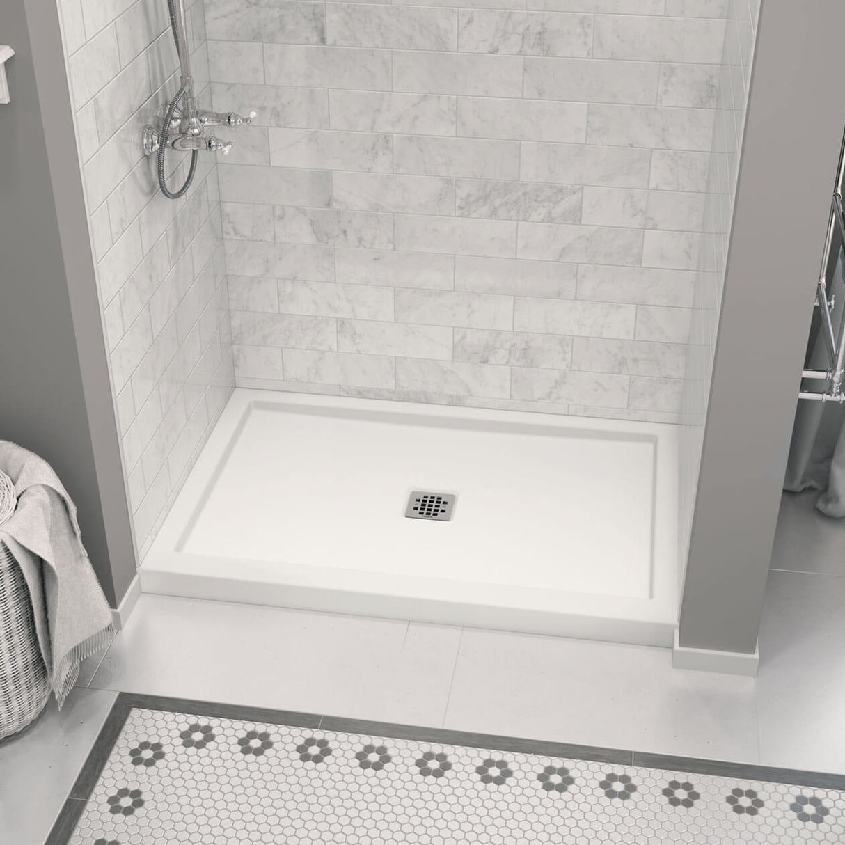 Zone Square Base 48 x 32 Acrylic Alcove or Corner Shower Base in White with Center Drain