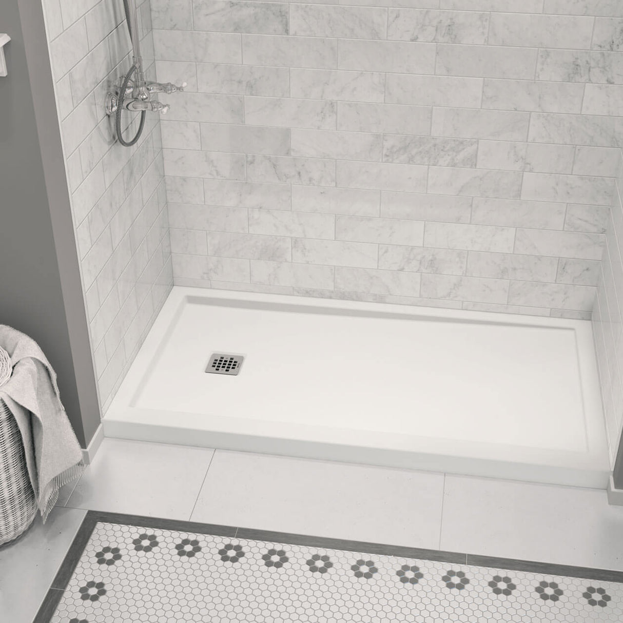 Zone Square 60 x 32 Acrylic Alcove or Corner Shower Base in White with Left-Hand Drain