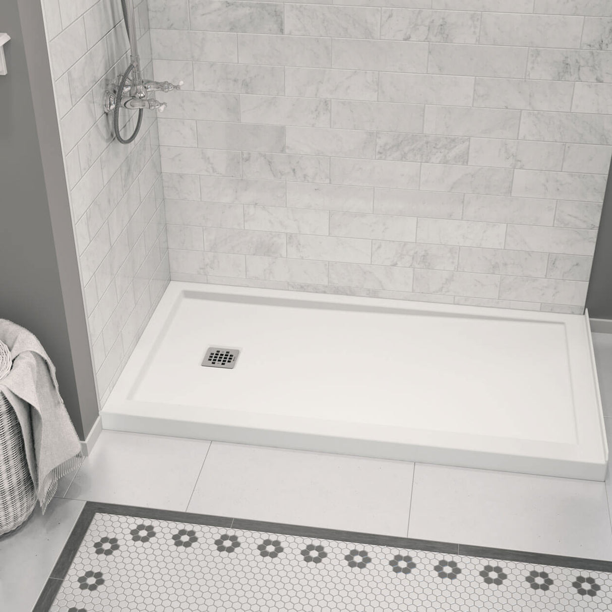 Zone Square 60 x 32 Acrylic Alcove or Corner Shower Base in White with Left-Hand Drain