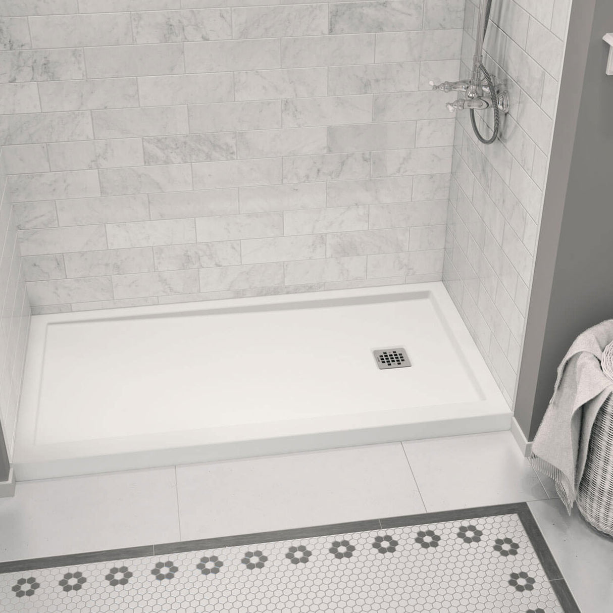 Zone Square 60 x 32 Acrylic Alcove or Corner Shower Base in White with Right-Hand Drain