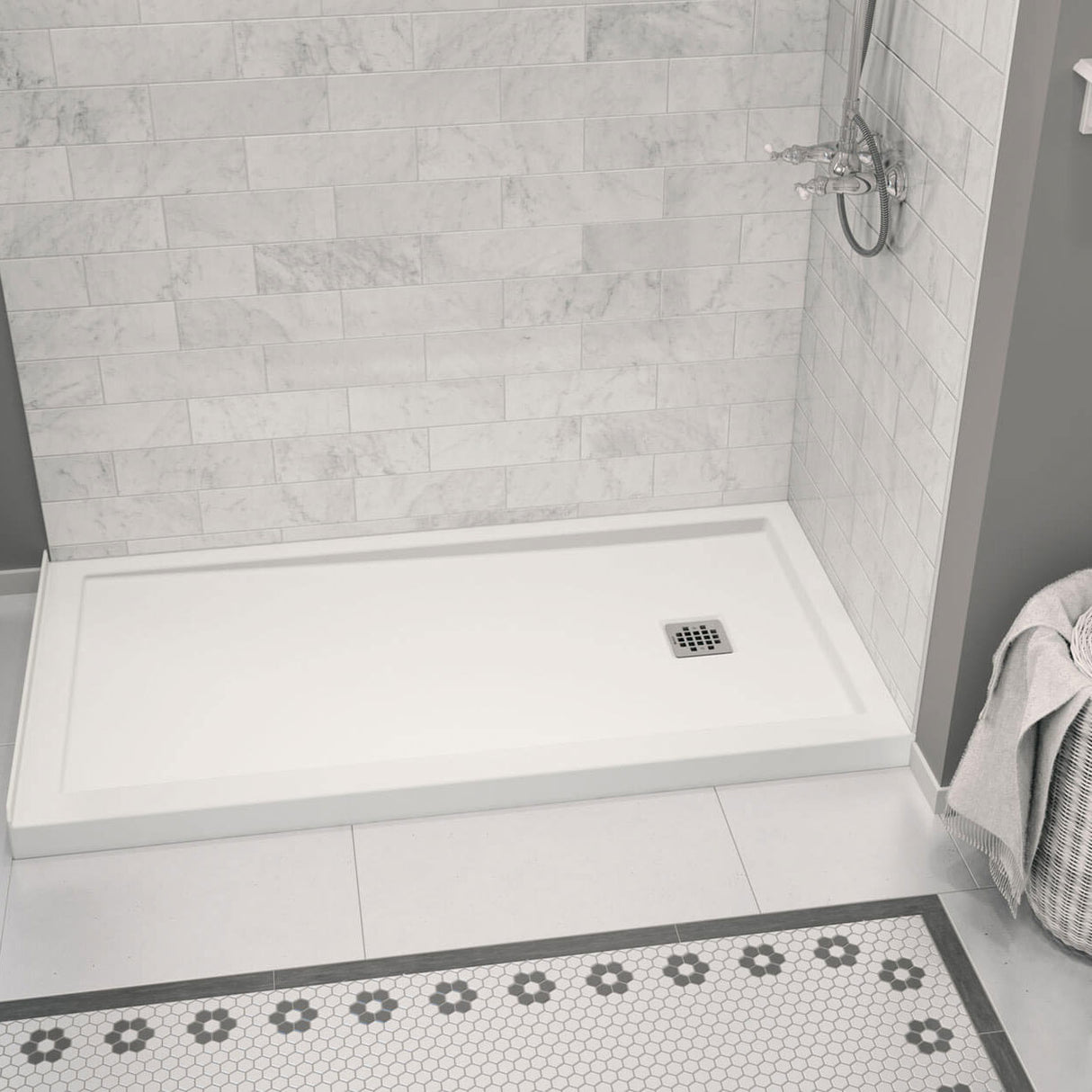 Zone Square 60 x 32 Acrylic Alcove or Corner Shower Base in White with Right-Hand Drain