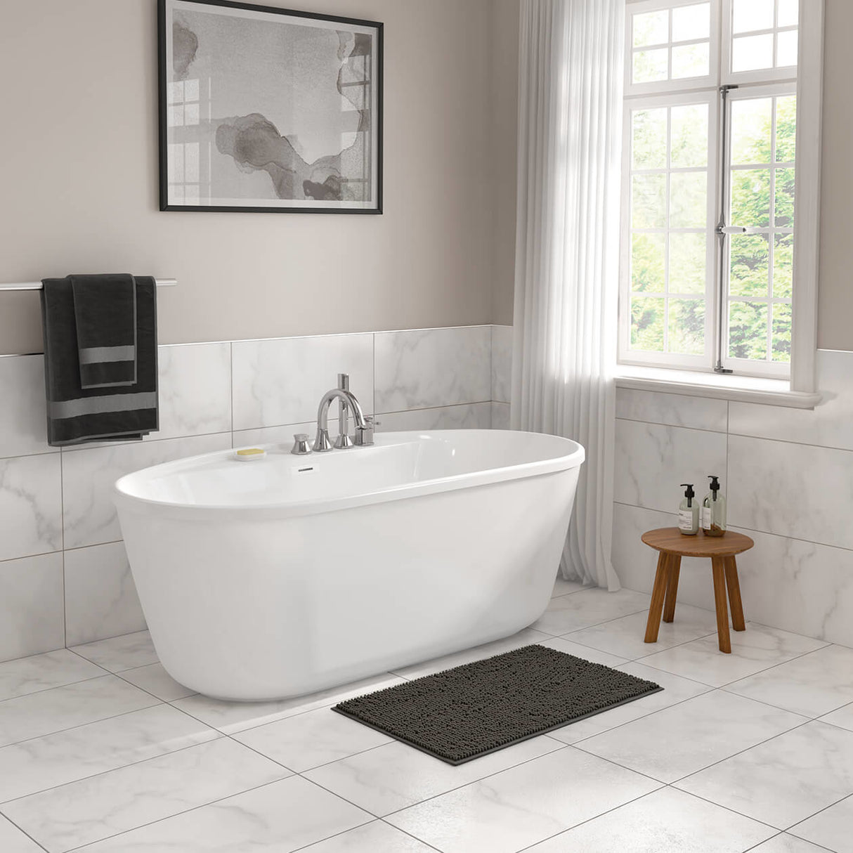 Emica 6434 AcrylX Freestanding Center Drain Bathtub in White with White Skirt
