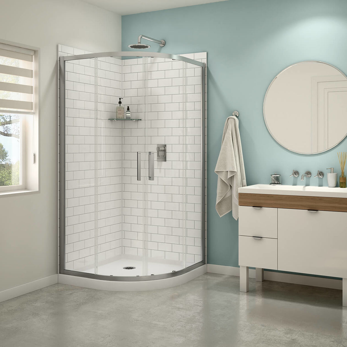 Kassia 38 x 38 Acrylic Center Drain Shower Kit in White with Clear glass in Chrome