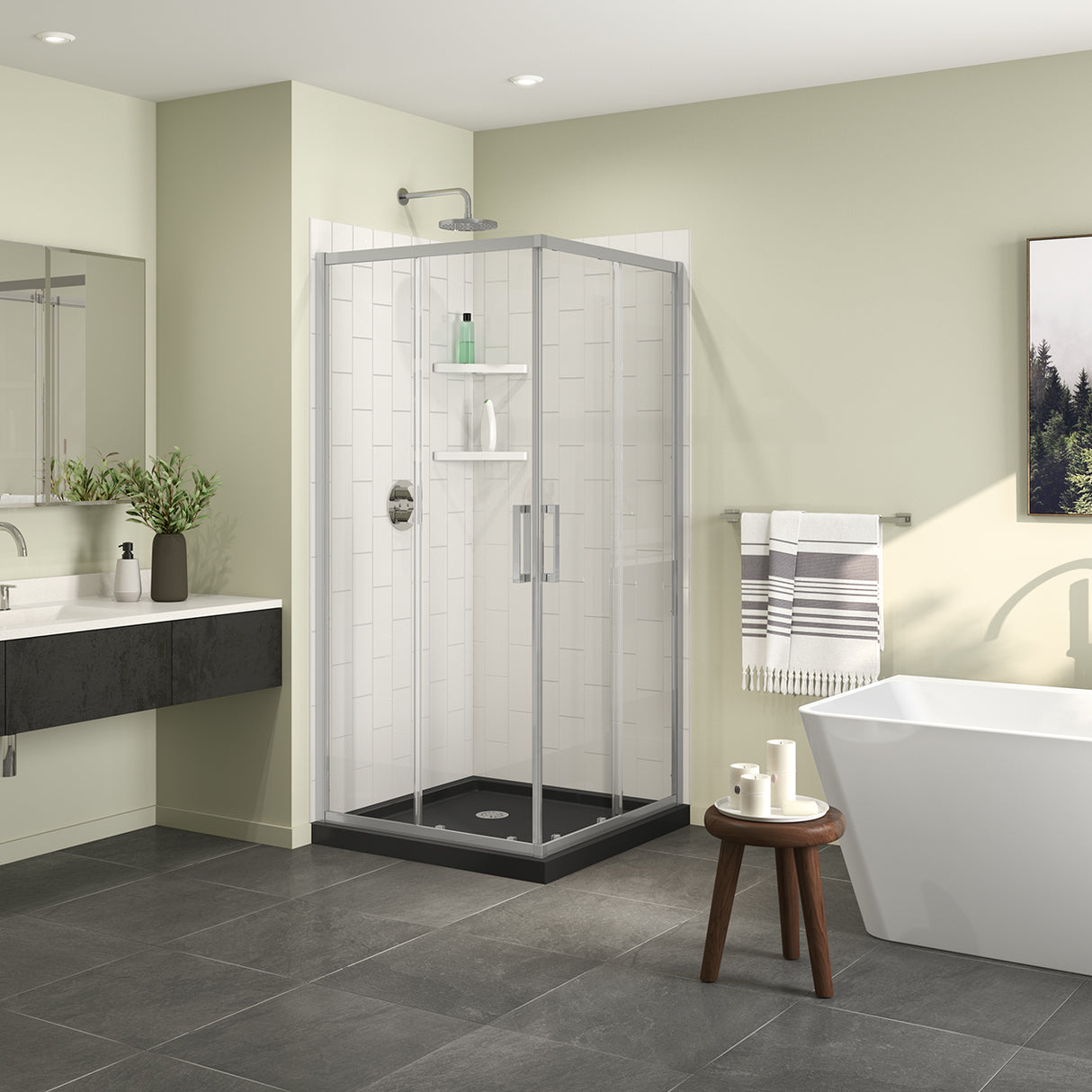 Scarlet 36 x 36 Acrylic Corner Drain Shower Kit in Black with Clear Glass in Chrome