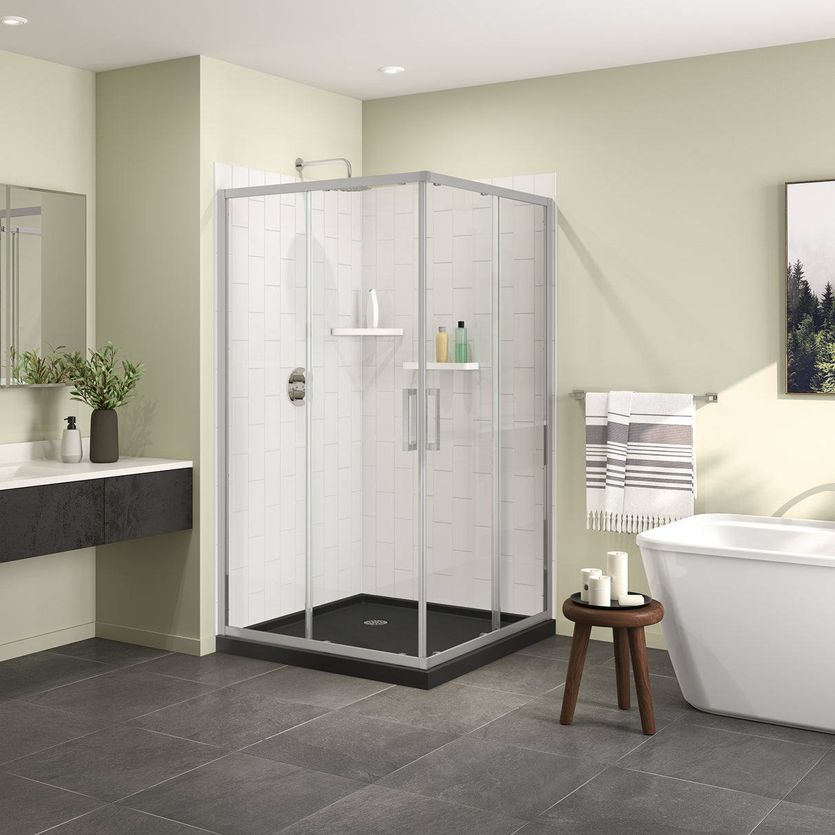 Scarlet 42 x 42 Acrylic Corner Drain Shower Kit in Black with Clear Glass in Chrome