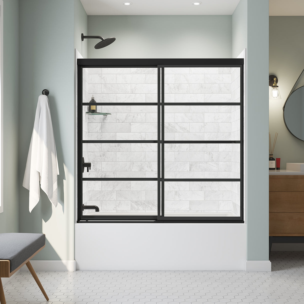Incognito 57 Shaker 56-59 x 56 ¾ in. 8mm Bypass Tub Door for Alcove Installation with Shaker glass in Matte Black