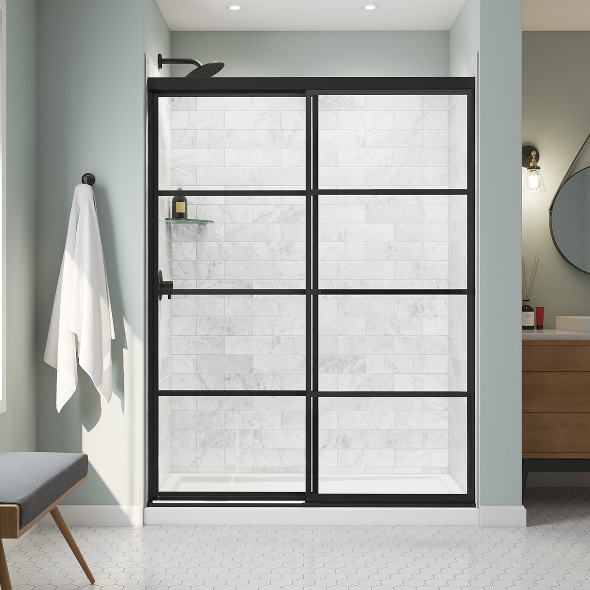 Incognito 76 Shaker 56-59 x 76 in. 8mm Bypass Shower Door for Alcove Installation with Shaker glass in Matte Black