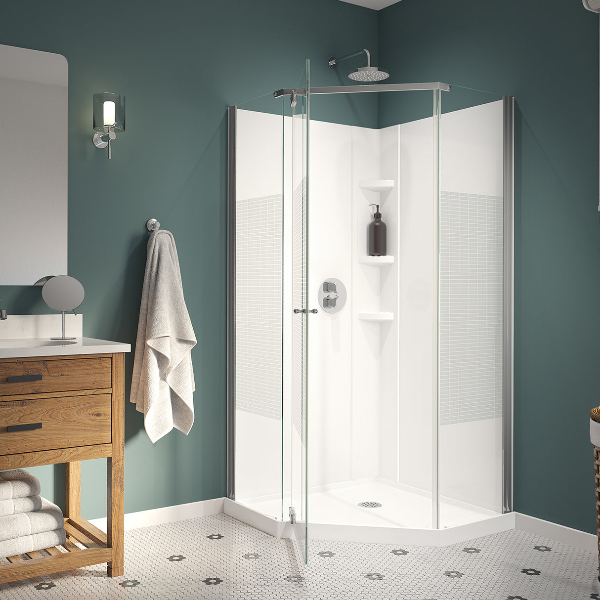 Begonia Carbon 36 x 36 Polystyrene Center Drain Shower Kit in White with Carbon glass in Chrome