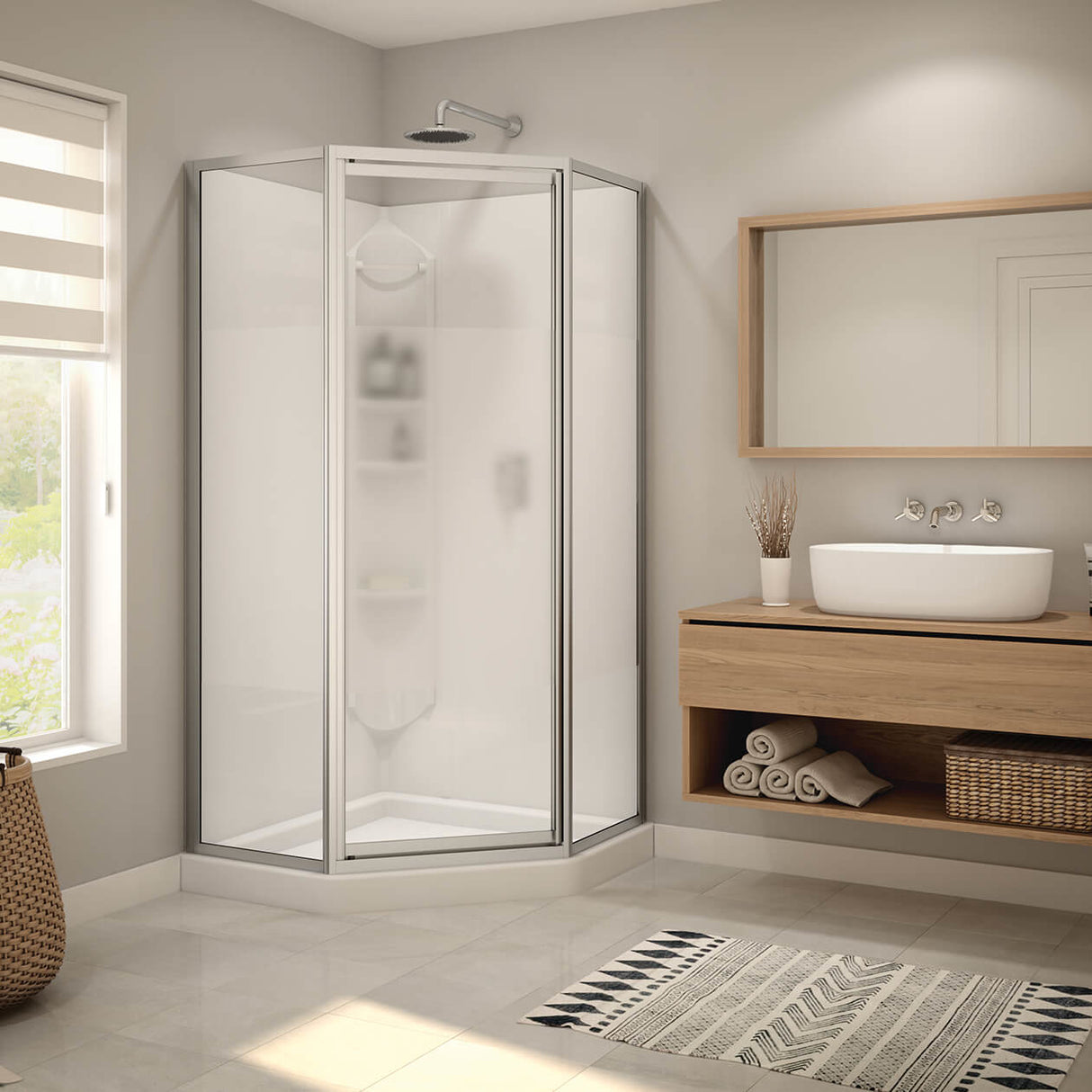 Orchid 38 x 38 Polystyrene Center Drain Shower Kit in White with Centre Silk glass in Chrome