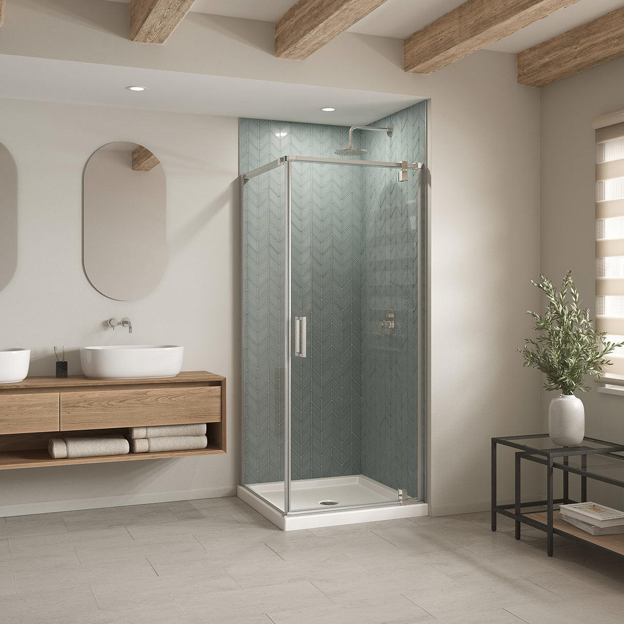 B3Square 3636 Acrylic Corner Left or Right Shower Base in White with Center Drain