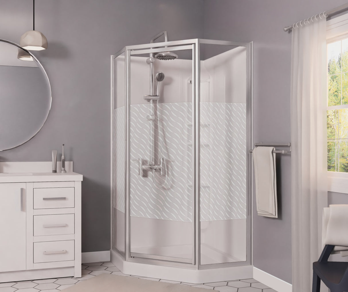 Himalaya 38 x 38 Polystyrene Center Drain Shower Kit in White with Design 47 glass in Chrome