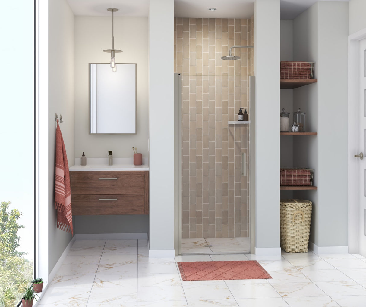 Manhattan 29-31 x 68 in. 6 mm Pivot Shower Door for Alcove Installation with Clear glass & Round Handle in Chrome