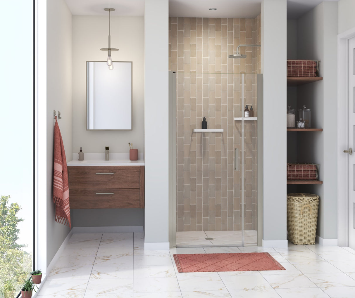 Manhattan 35-37 x 68 in. 6 mm Pivot Shower Door for Alcove Installation with Clear glass & Round Handle in Chrome