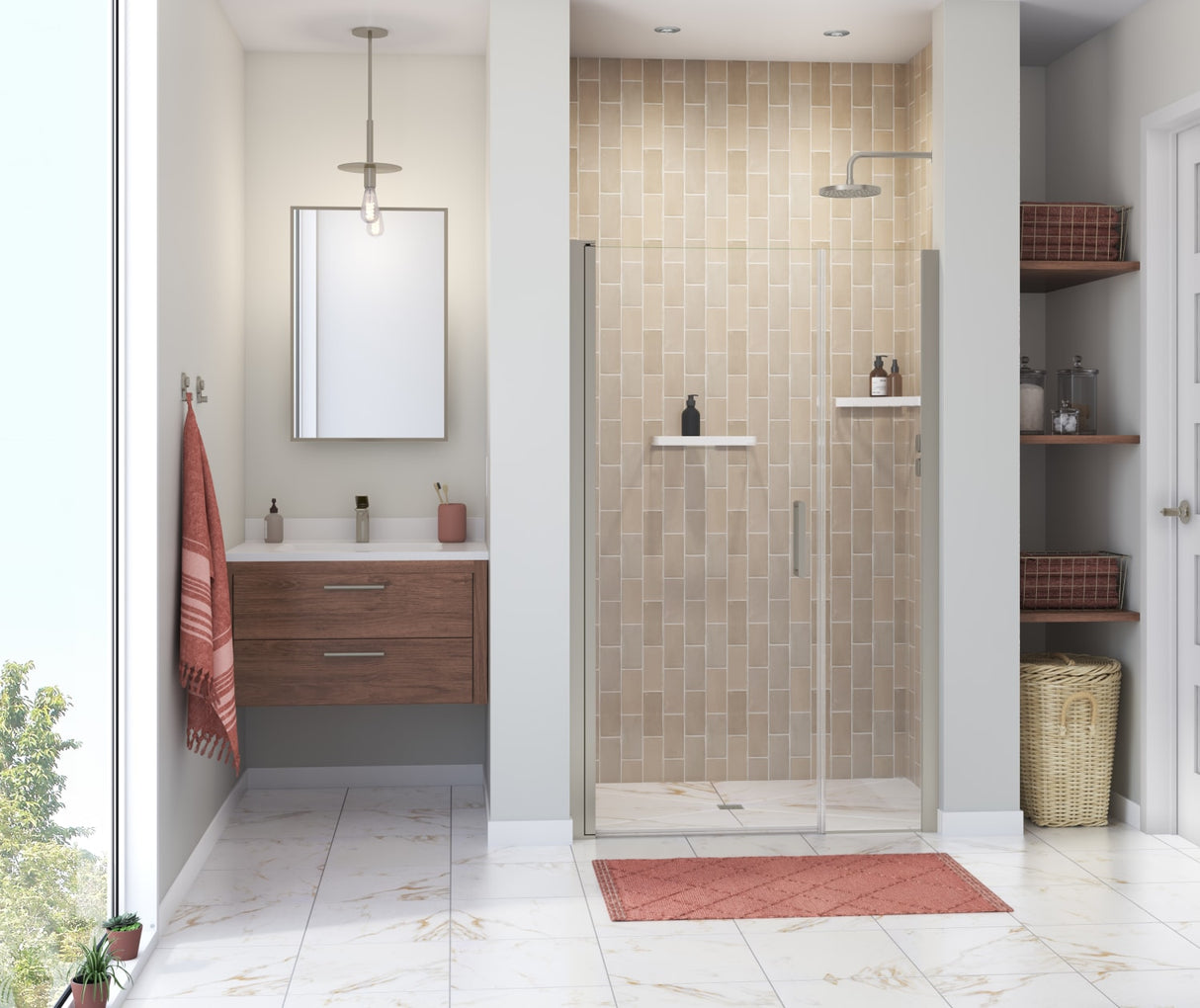 Manhattan 43-45 x 68 in. 6 mm Pivot Shower Door for Alcove Installation with Clear glass & Round Handle in Chrome