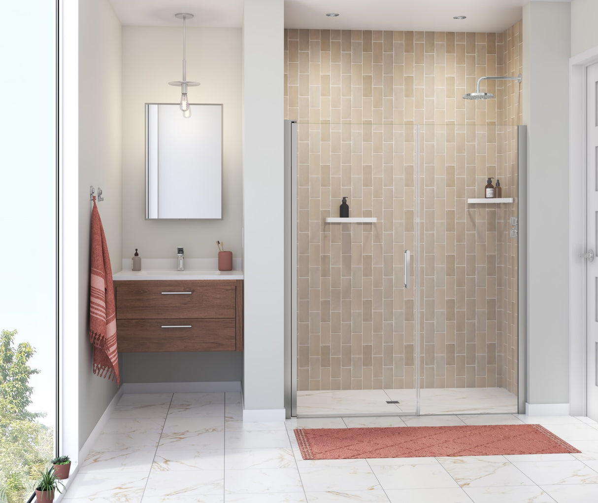 Manhattan 55-57 x 68 in. 6 mm Pivot Shower Door for Alcove Installation with Clear glass & Round Handle in Chrome