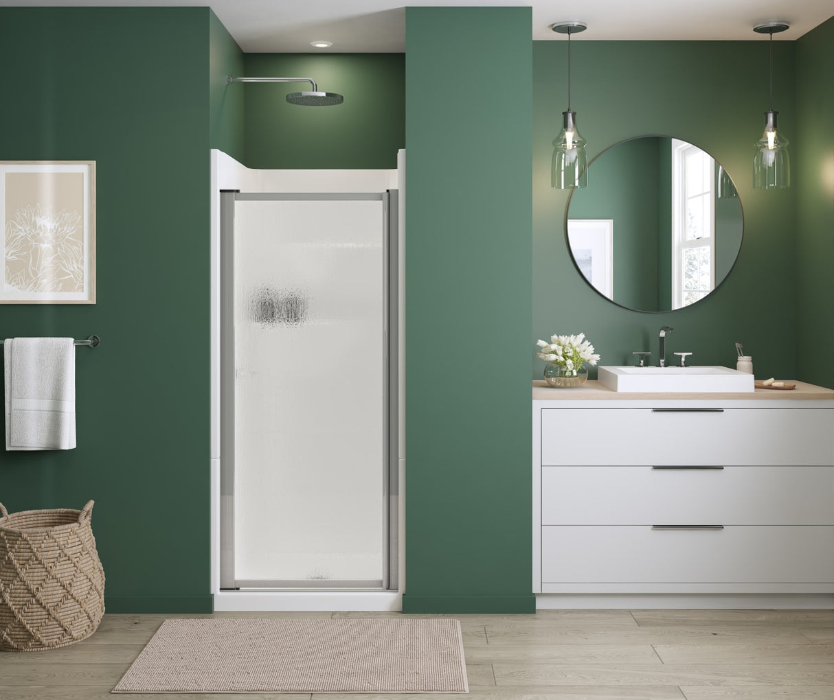Polar Pivot 29-30 ¾ in. x 64 ½ in. Pivot Shower Door for Alcove Installation with Raindrop glass in Chrome