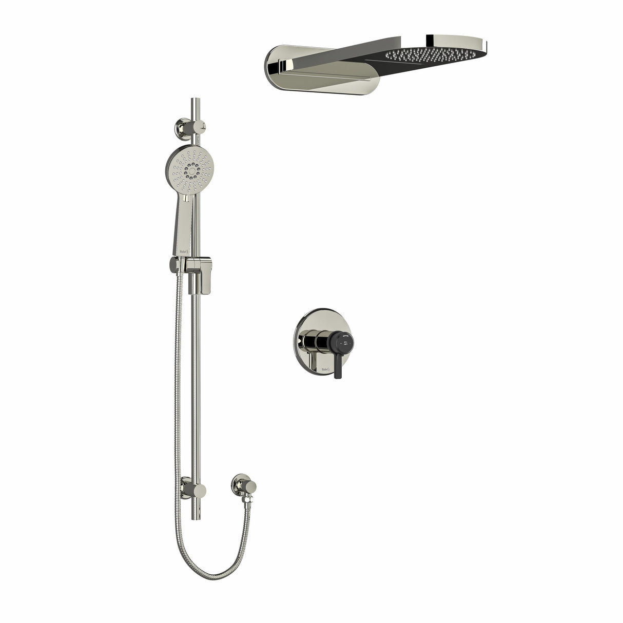 Type T/P (thermostatic/pressure balance) " coaxial 3-way system with hand shower rail and rain and cascade shower head
