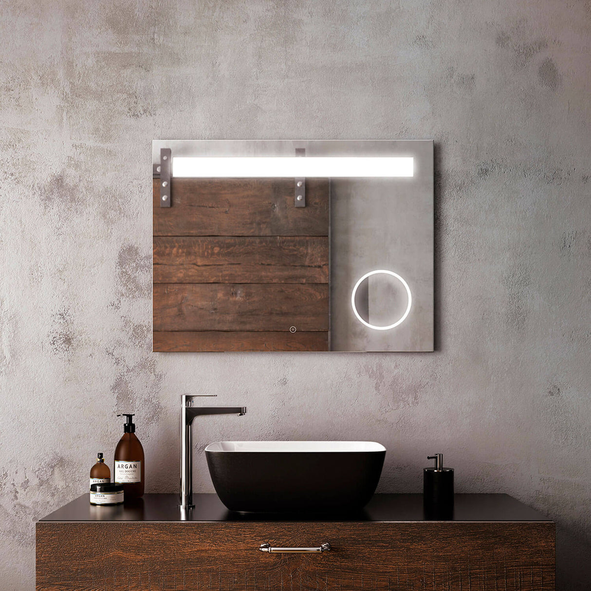 EMBLEM Rect. LED Lighting Mirror 32 x 24 With Frosted Horizontal Strip and 3X Magnifying Mirror and 2-Tones Touch Switch