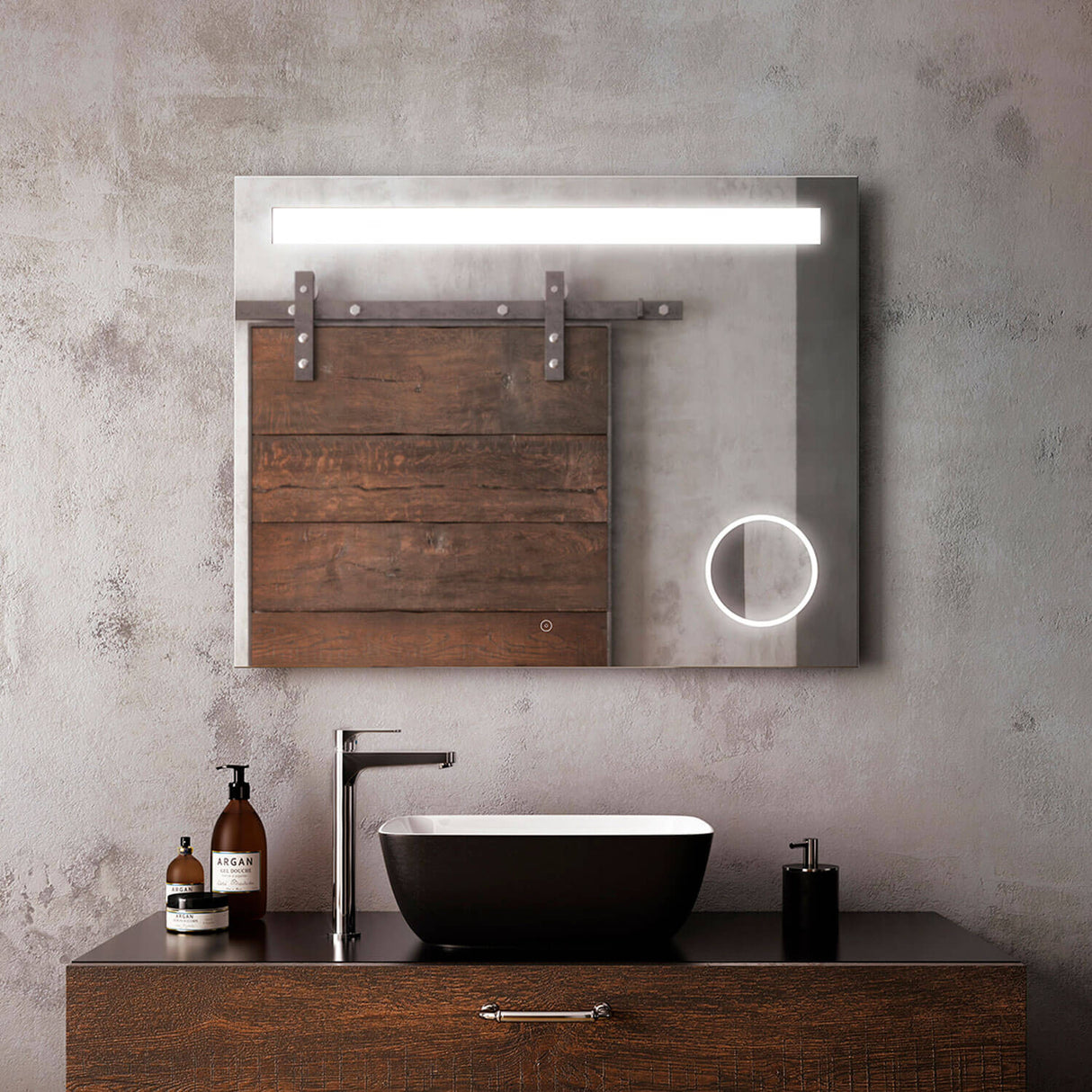 EMBLEM Rect. LED Lighting Mirror 38 x 30 With Frosted Horizontal Strip With 3X Magnifying Mirror and 2-Tones Touch Switch