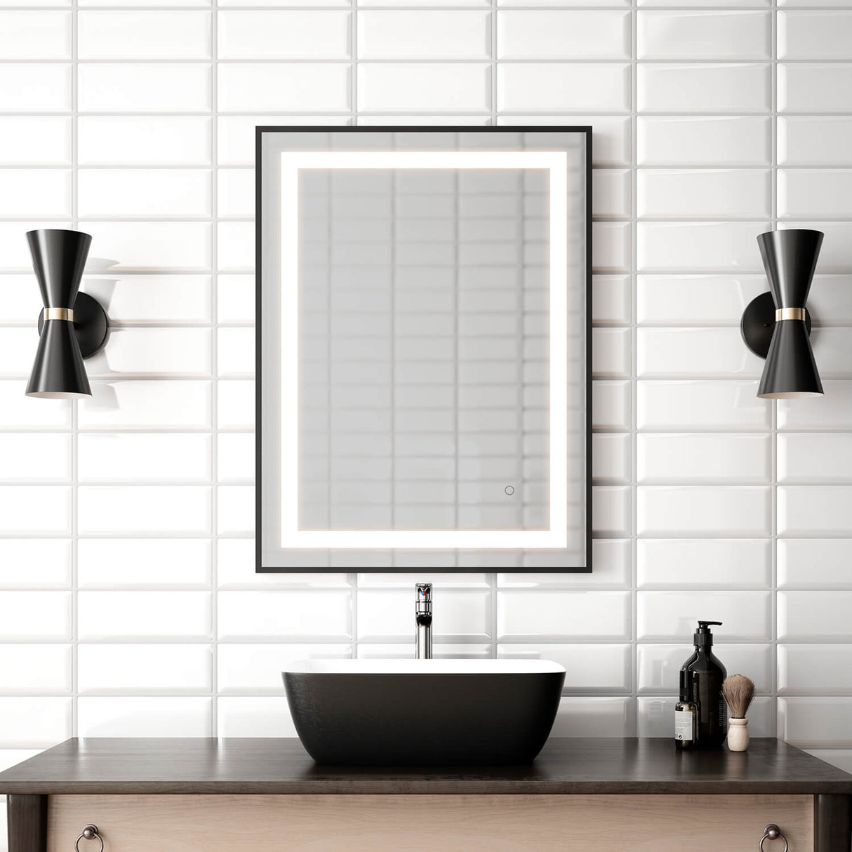 EFFECT LED Illuminated Rectangular Mirror with Frosted Strip, Black Frame and Touch-Switch for Color Temperature Control 24 x 32 x 15/8