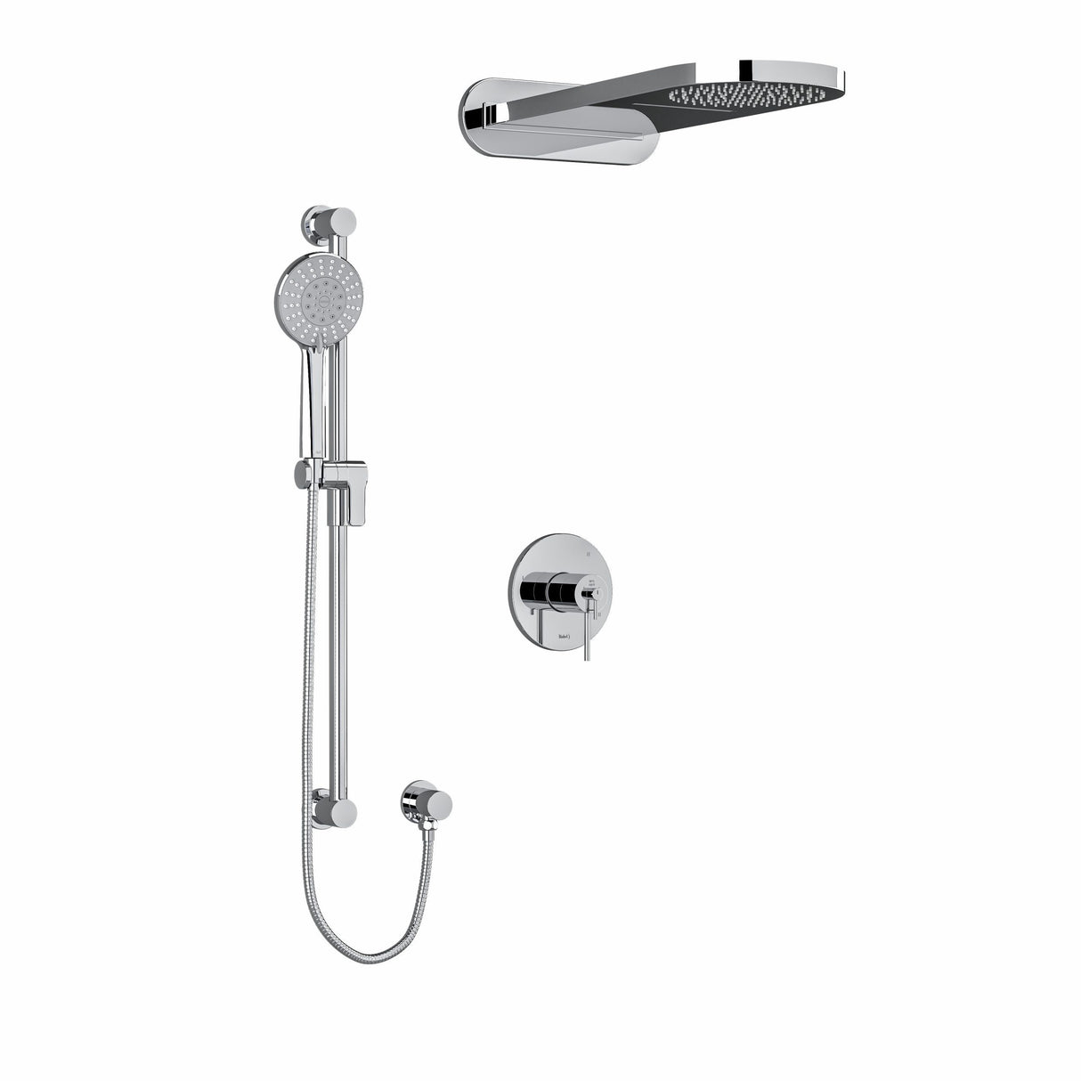 Type T/P (thermostatic/pressure balance) ½" coaxial 3-way system with hand shower rail and rain and cascade shower head