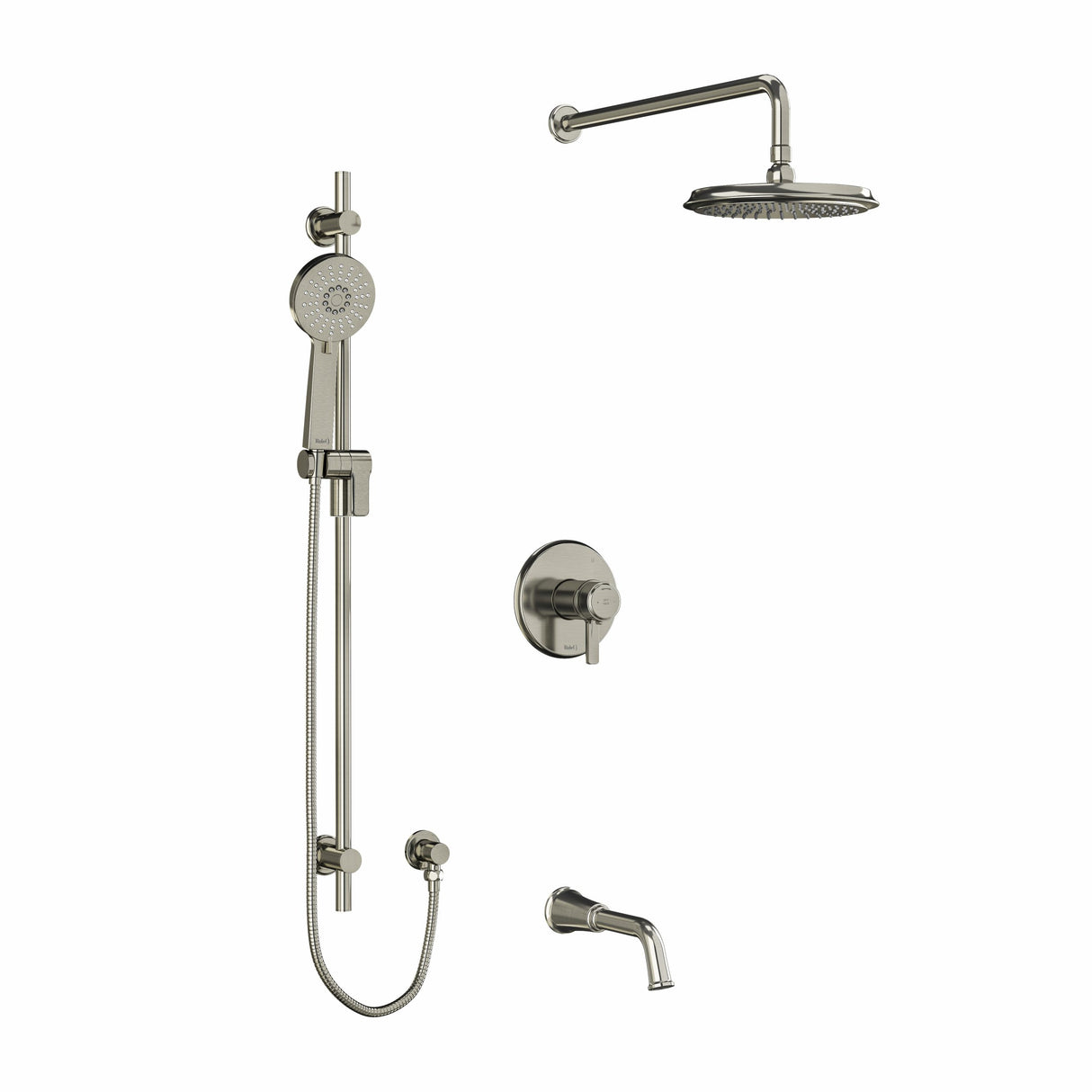 Type T/P (thermostatic/pressure balance) " coaxial 3-way system with hand shower rail, shower head and spout