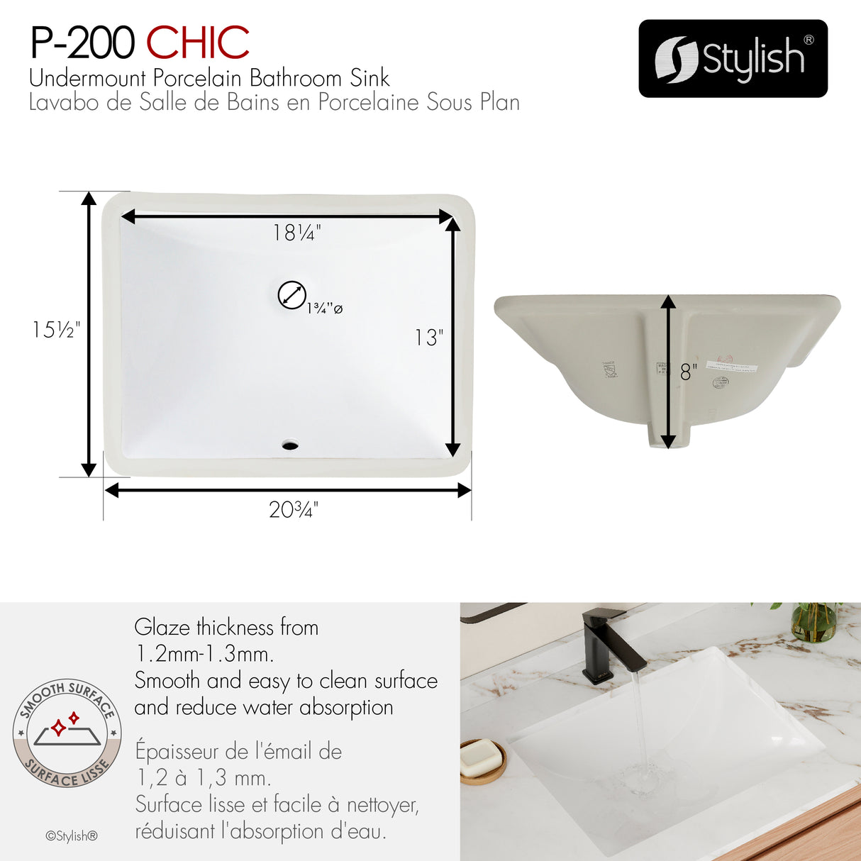 20.75" W x 15.5" D Porcelain Rectangular Undermount Bathroom Sink Set of 2