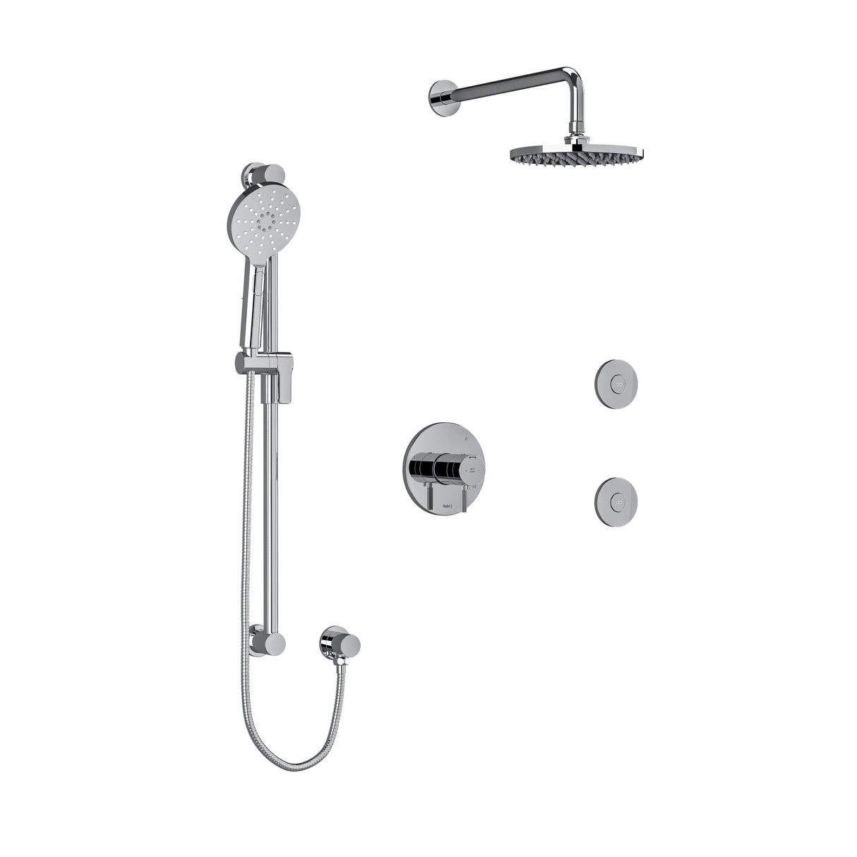 Type T/P (thermostatic/pressure balance) " coaxial 3-way system, hand shower rail, elbow supply, shower head and 2 body jets