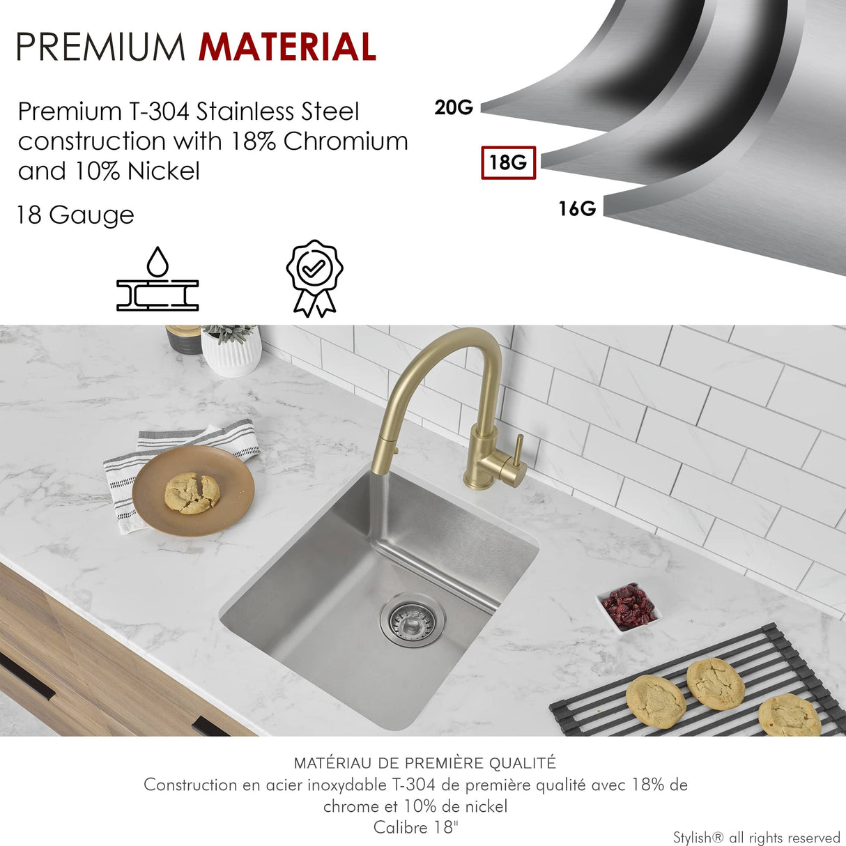 STYLISH 15 inch Single Bowl Undermount and Drop-in Stainless Steel Kitchen Sink