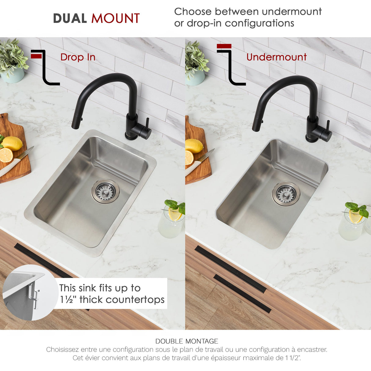 STYLISH 12 inch Single Bowl Undermount and Drop-in Stainless Steel Kitchen Sink