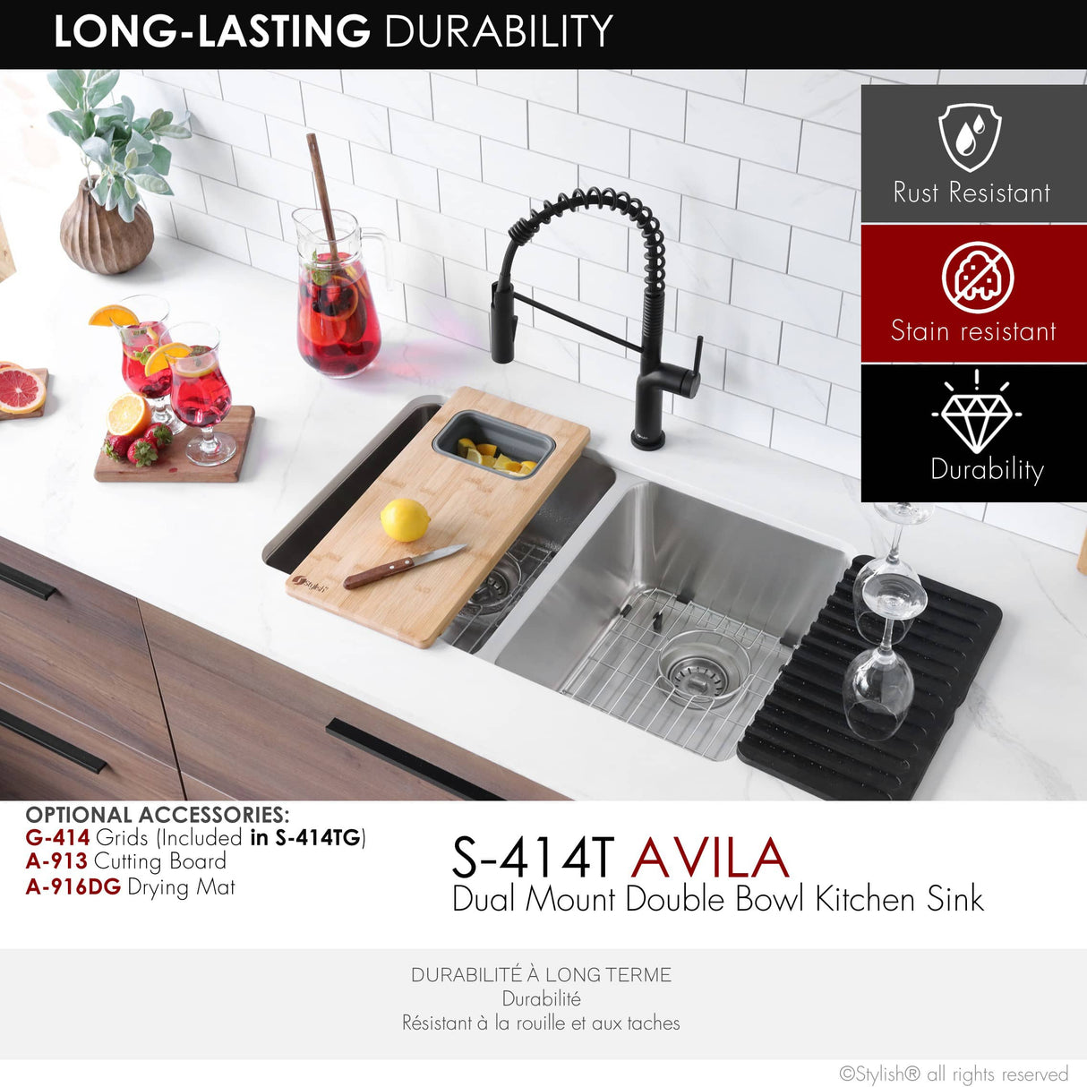 STYLISH 29 inch Double Bowl Undermount and Drop-in Stainless Steel Kitchen Sink