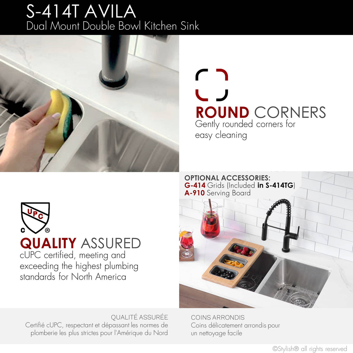 STYLISH 29 inch Double Bowl Undermount and Drop-in Stainless Steel Kitchen Sink