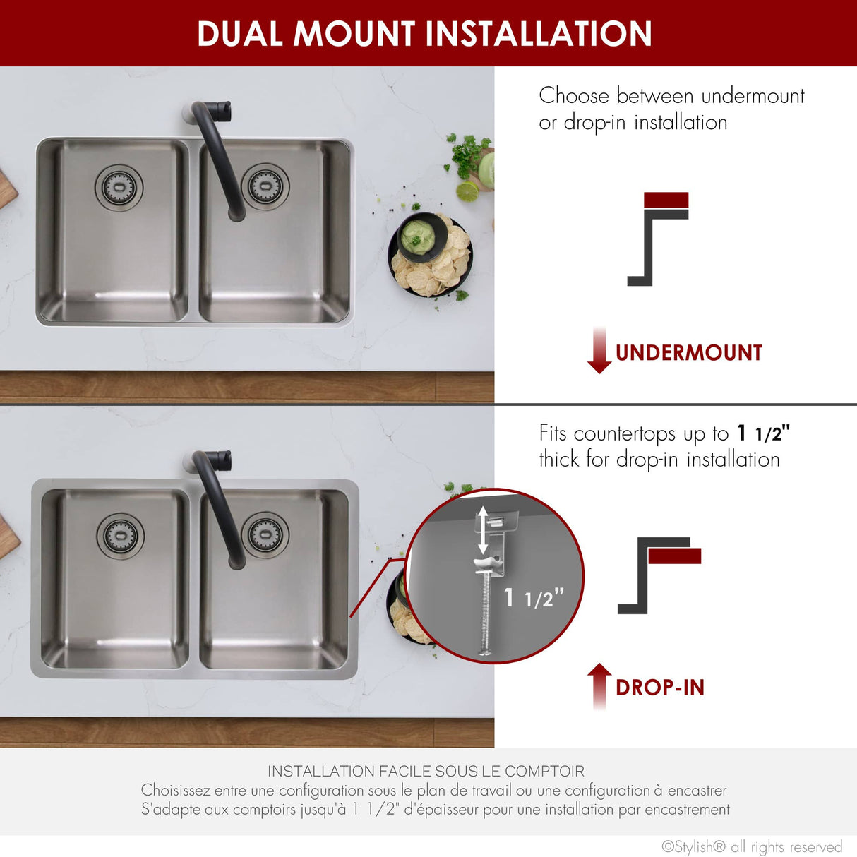 STYLISH 29 inch Double Bowl Undermount and Drop-in Stainless Steel Kitchen Sink