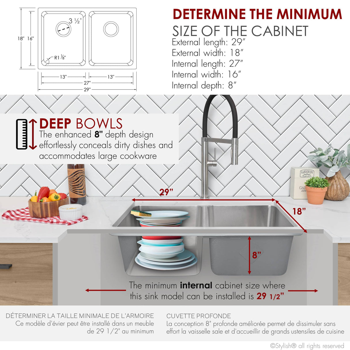 STYLISH 29 inch Double Bowl Undermount and Drop-in Stainless Steel Kitchen Sink