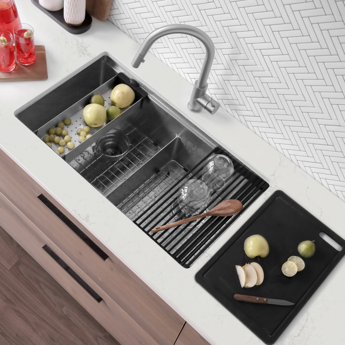 Undermount 32 inch Double Bowl Workstation Sink with Accesories