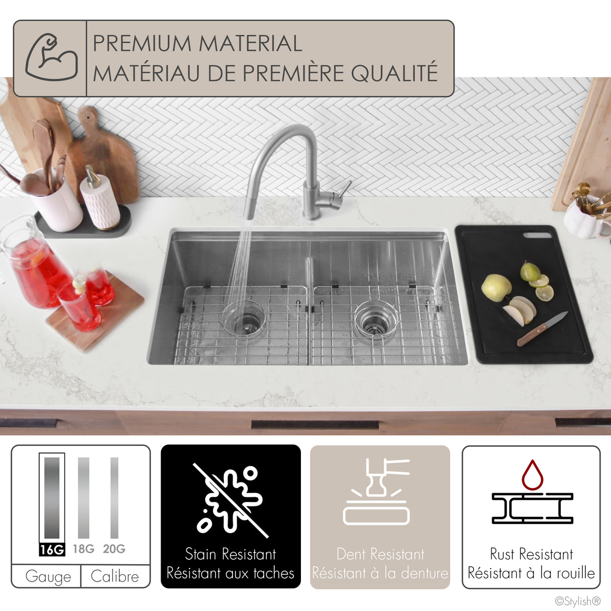 Undermount 32 inch Double Bowl Workstation Sink with Accesories