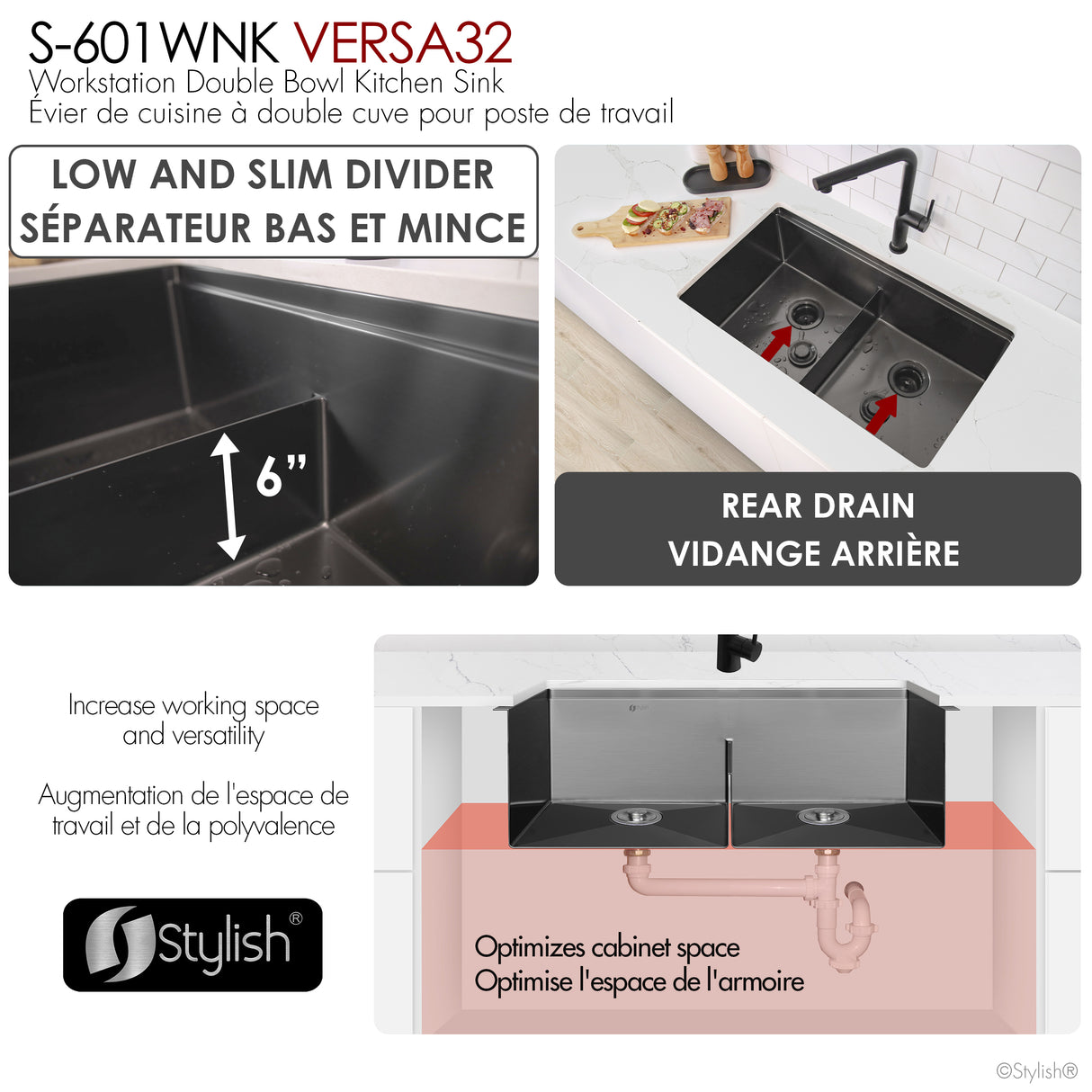 Undermount 32 inch Double Bowl Workstation Sink with Accesories