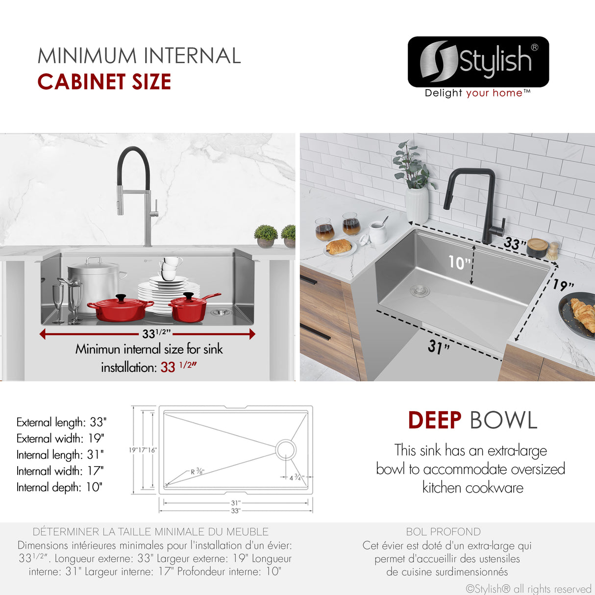 Undermount 33 inch Stainless Steel Single-Bowl Workstation Kitchen Sink
