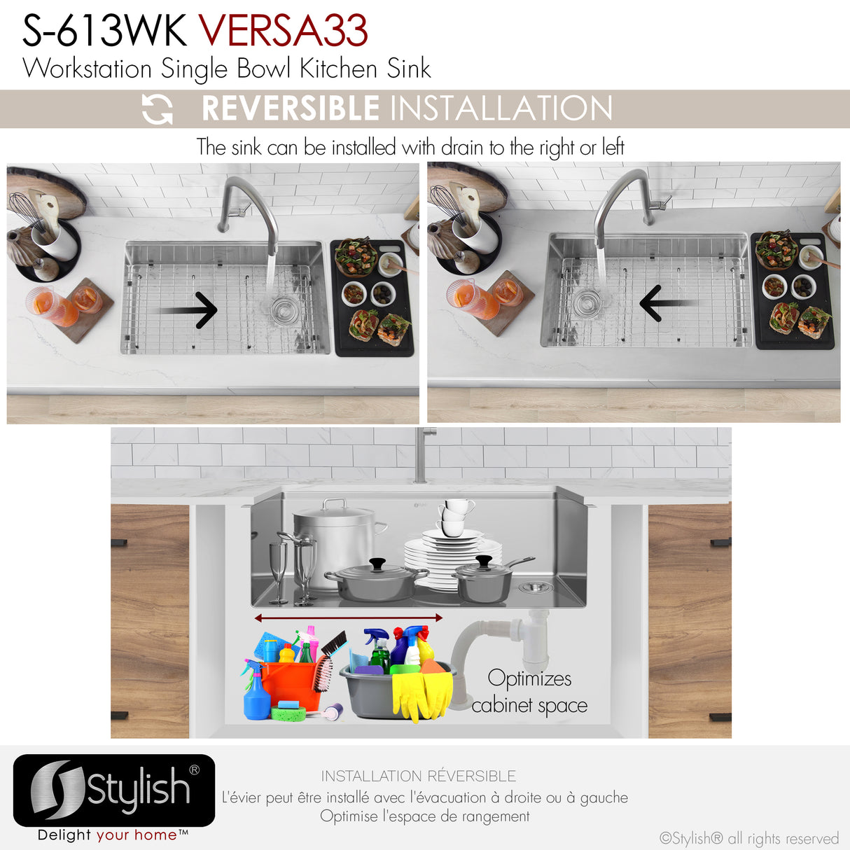 Undermount 33 inch Stainless Steel Single-Bowl Workstation Kitchen Sink