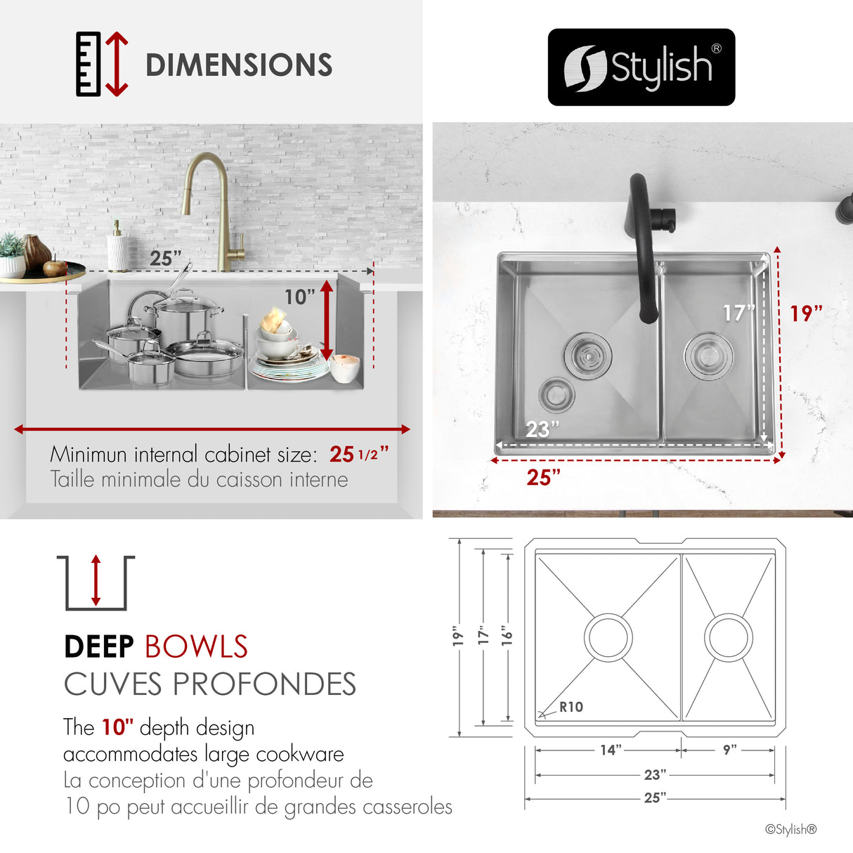 Undermount 25 inch Double Bowl Workstation Kitchen Sink with Accessories