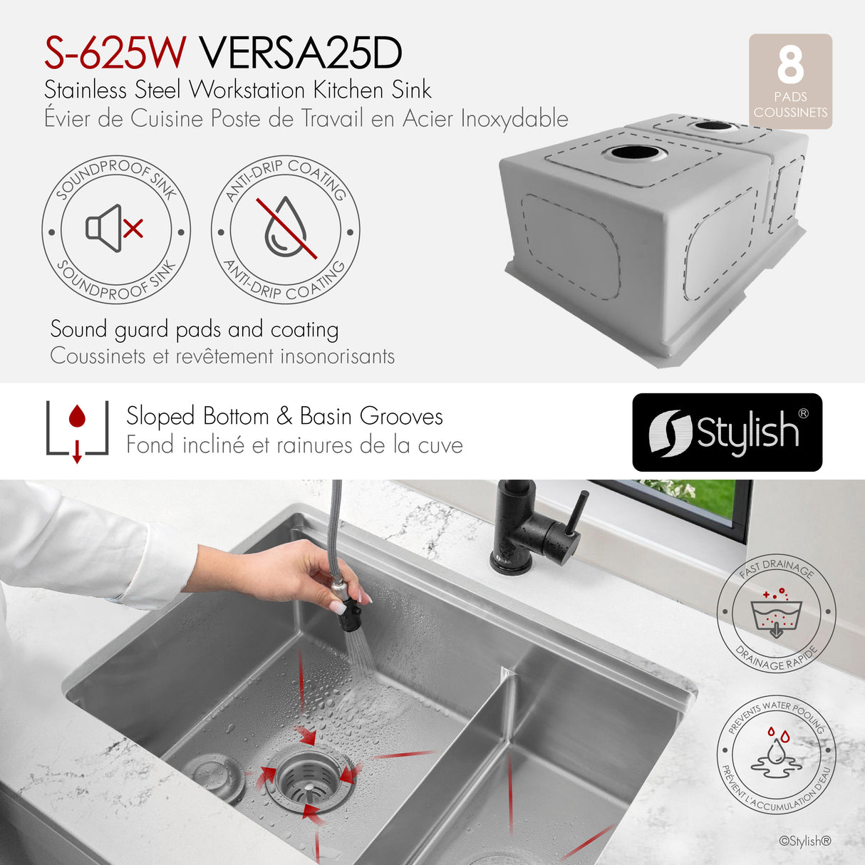 Undermount 25 inch Double Bowl Workstation Kitchen Sink with Accessories