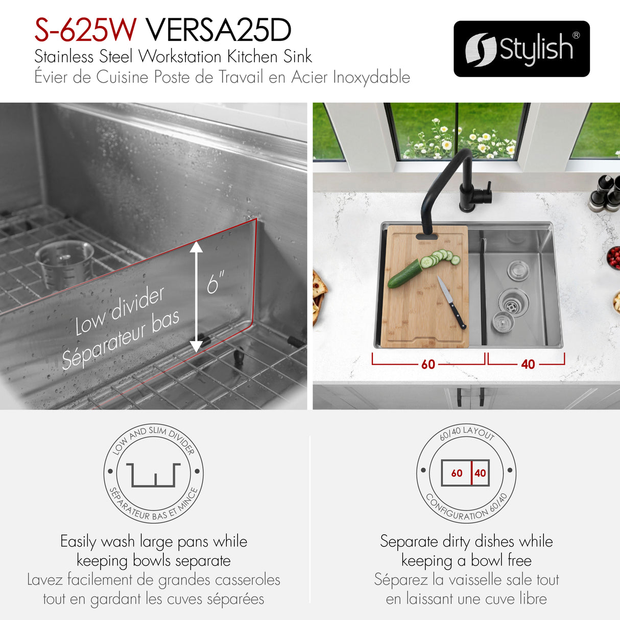 Undermount 25 inch Double Bowl Workstation Kitchen Sink with Accessories