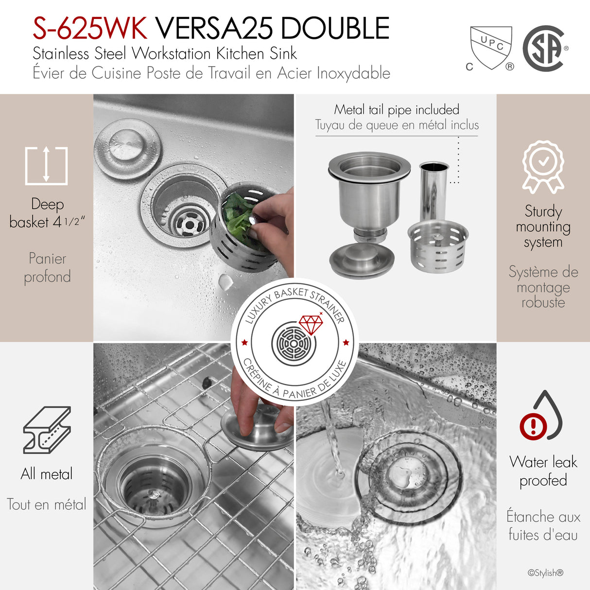 Undermount 25 inch Double Bowl Workstation Kitchen Sink with Accessories