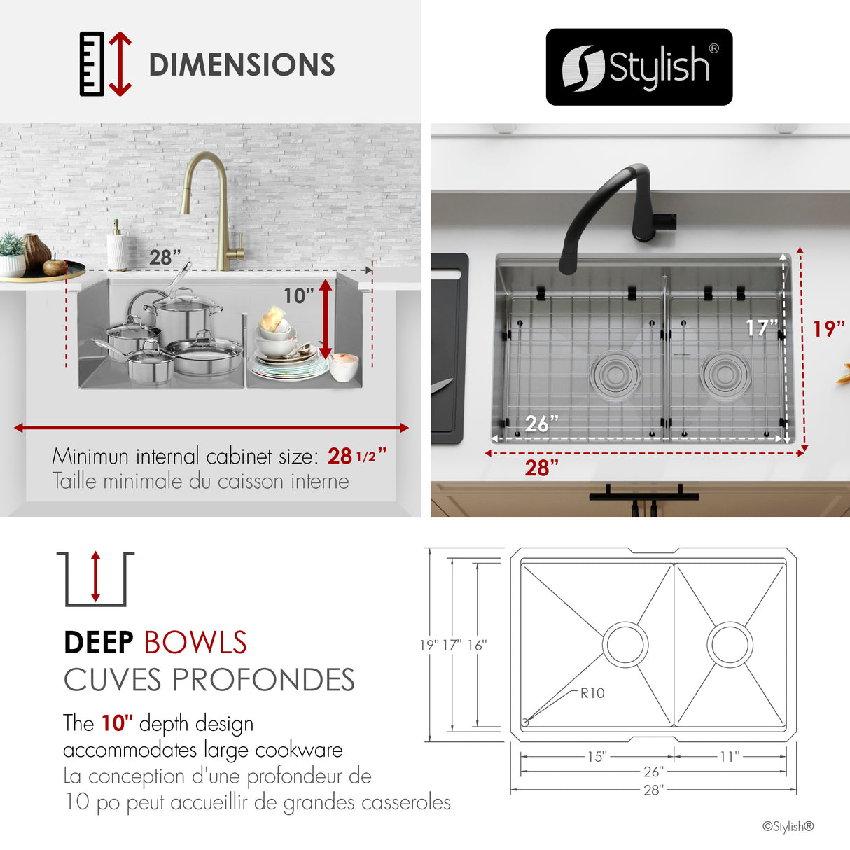 Undermount 28 inch double bowl 60/40 Workstation kitchen sink with Accessories