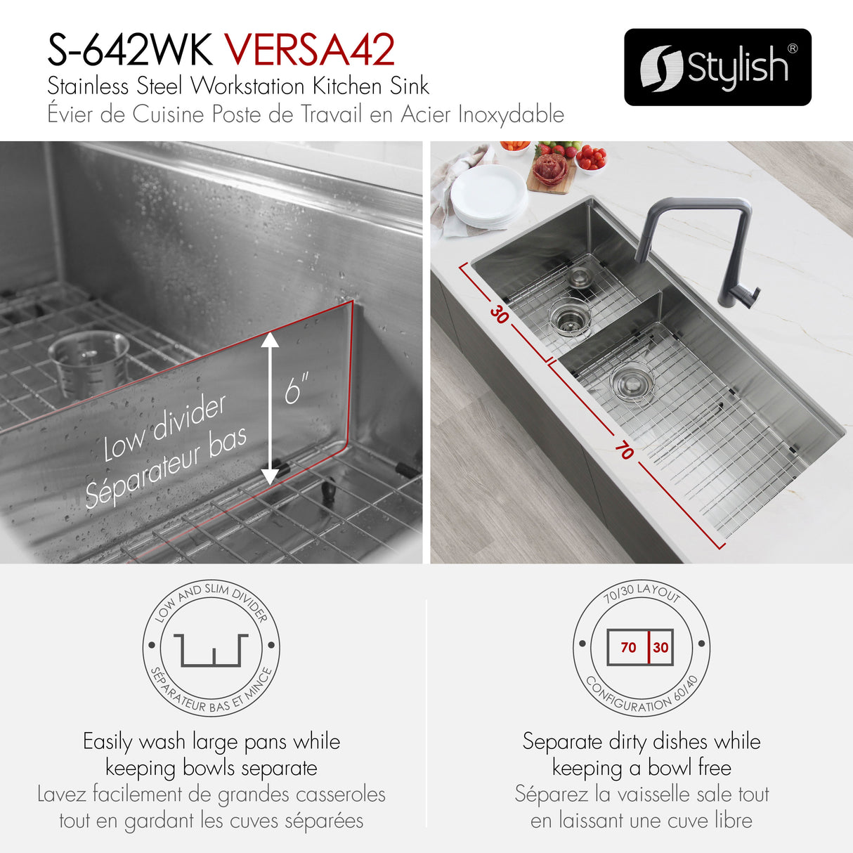 Undermount 42 inch Double Bowl 70/30 Workstation Kitchen Sink with Accessories