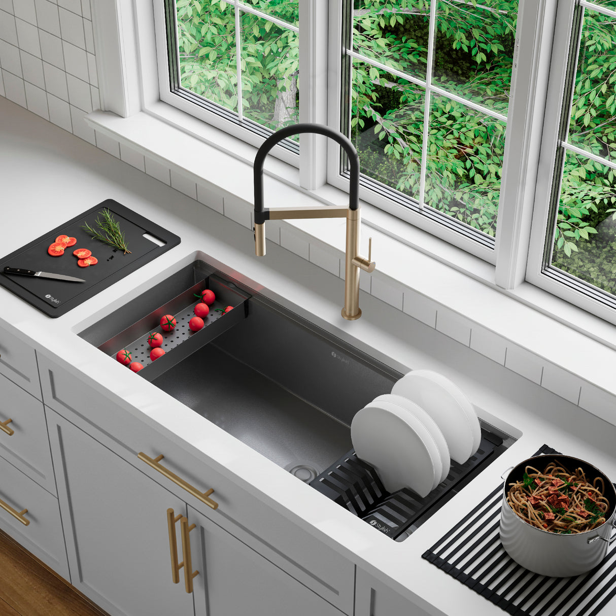 Undermount 42 inch Workstation 70/30 Double Bowl Kitchen Sink with Dura-Tek finish and Accessories